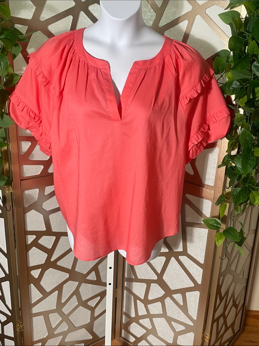 Ann Taylor Coral Ruffle Sleeve V-Notch Top, XL